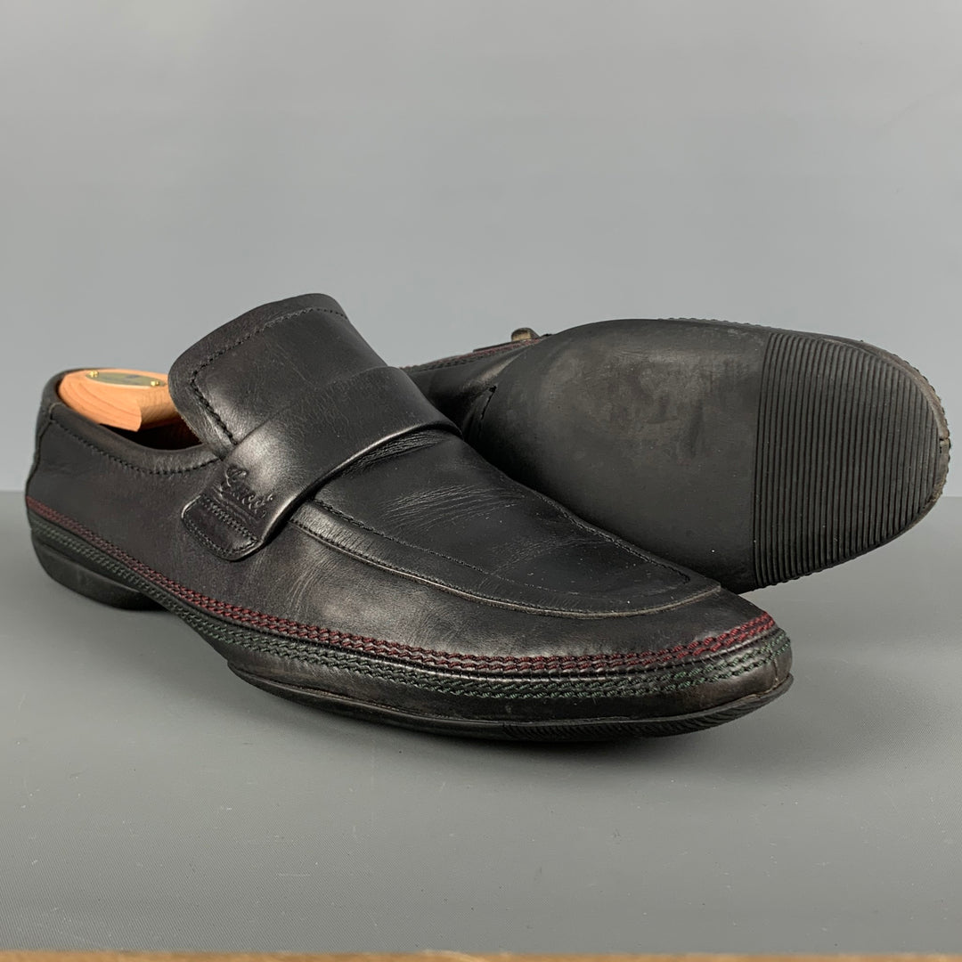 GUCCI Size 12 Black Contrast Stitch Leather Slip On Loafers