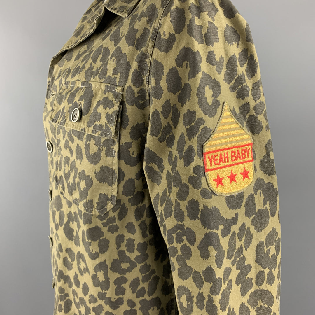 SAINT LAURENT Spring 2016 Size 40 Olive & Black Leopard  Print Cotton Jacket