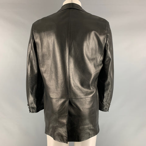 GUCCI Chest Size 40 Black Solid Leather Notch Lapel Sport Coat