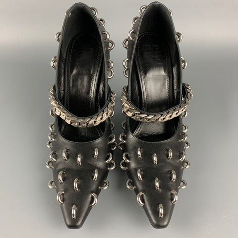 GIVENCHY Size 8 Black Silver Leather Chain Mary Jane Pumps