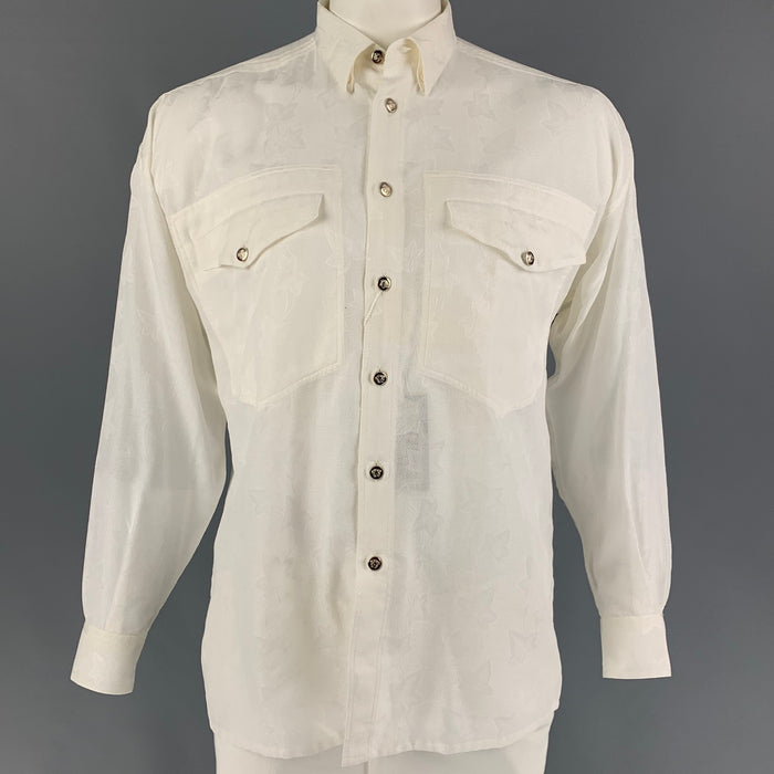 Vintage GIANNI VERSACE Size XS White Floral Cotton Patch Pockets Long Sleeve Shirt