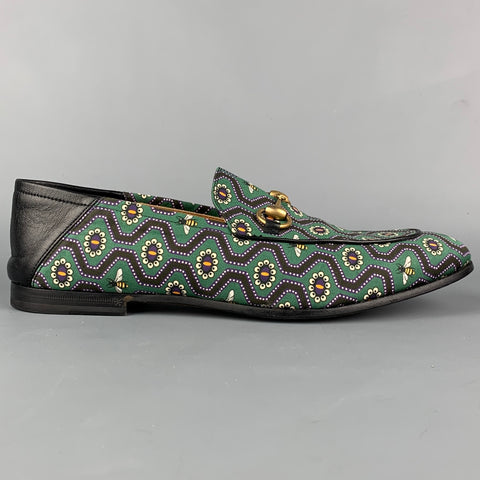 GUCCI Brixton Talla 9 Mocasines sin cordones de lona con estampado de abejas verdes y negros