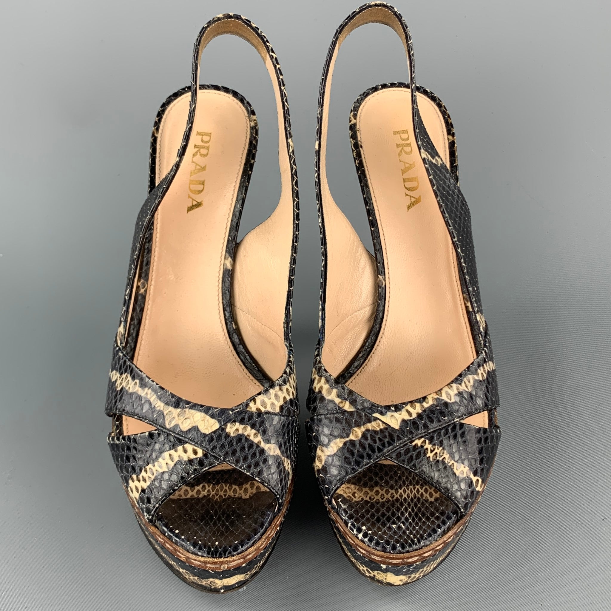 PRADA Size 8 Black & Beige Snake Skin Slingback Platform