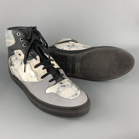BALENCIAGA Size 10 Gray Print Marble Leather Reflective High Top Sneakers