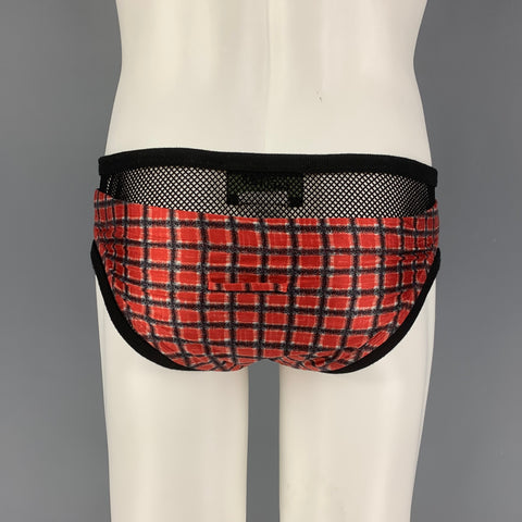 Vintage JEAN PAUL GAULTIER Size L Black Red Plaid Nylon Lycra Drawstring Speedo