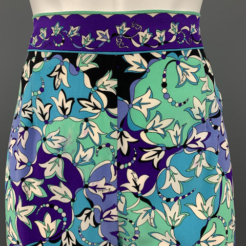 EMILIO PUCCI Vintage Size 12 Blue Floral Silk Wide Leg Pants