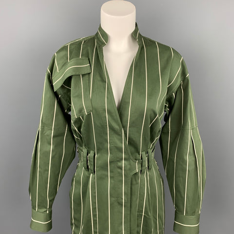 DEREK LAM Size 6 Olive & Cream Stripe Cotton Shirt Dress
