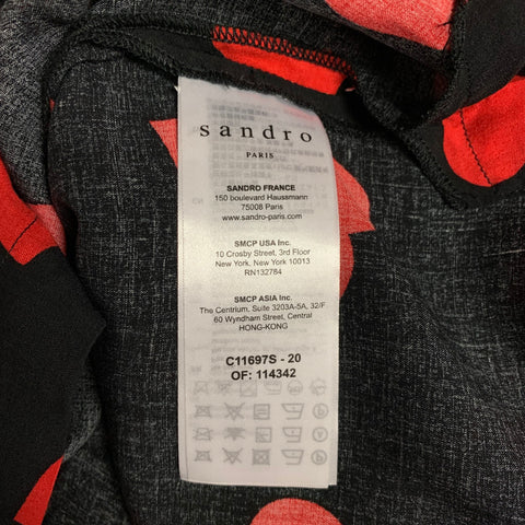 SANDRO Taille L Chemise à manches courtes boutonnée en viscose à imprimé coeur noir et rouge