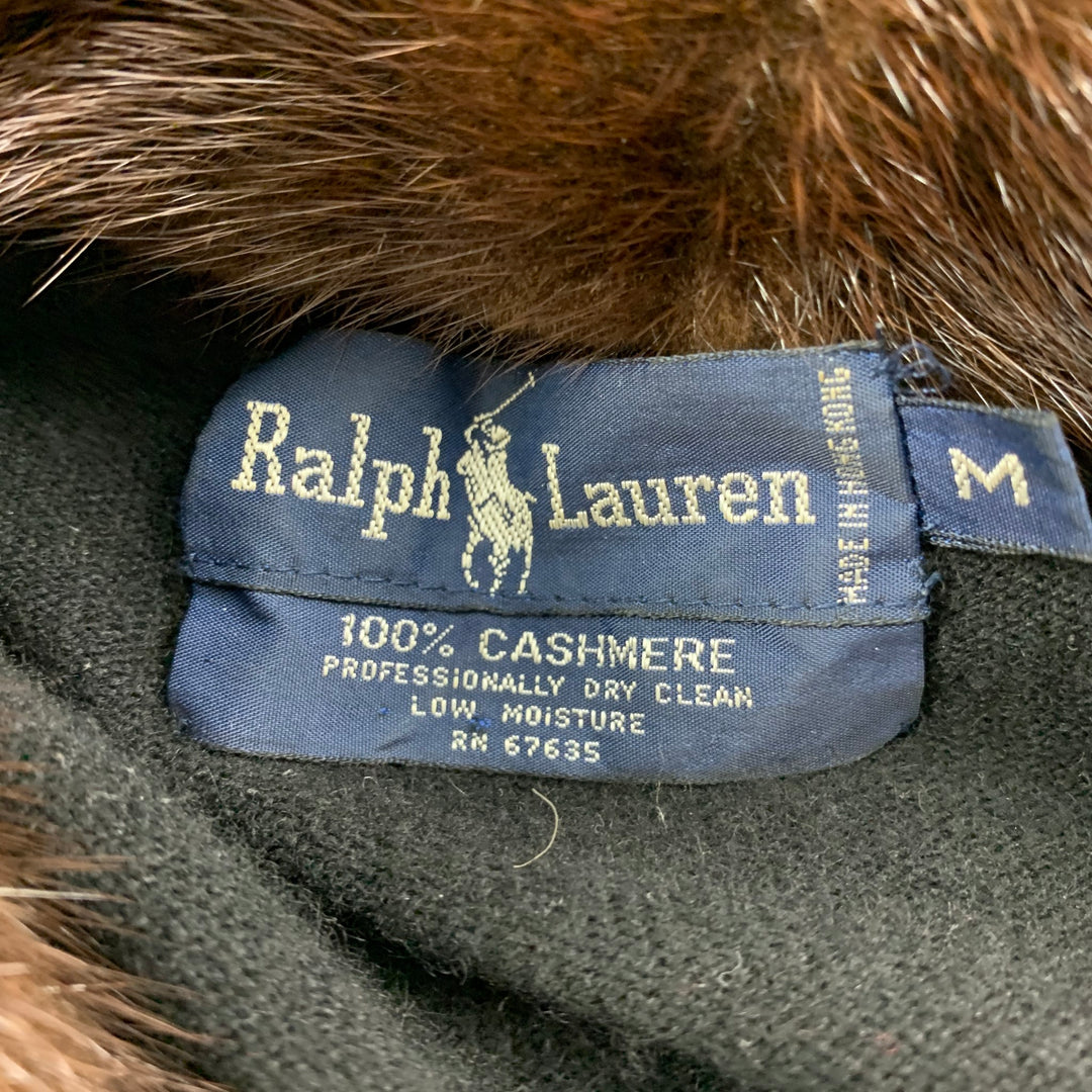 RALPH LAUREN Size M Black Cashmere Mink Collar Cardigan