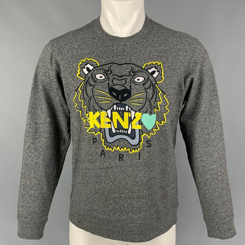 KENZO Size M Grey Yellow Embroidery Cotton Crew-Neck Pullover