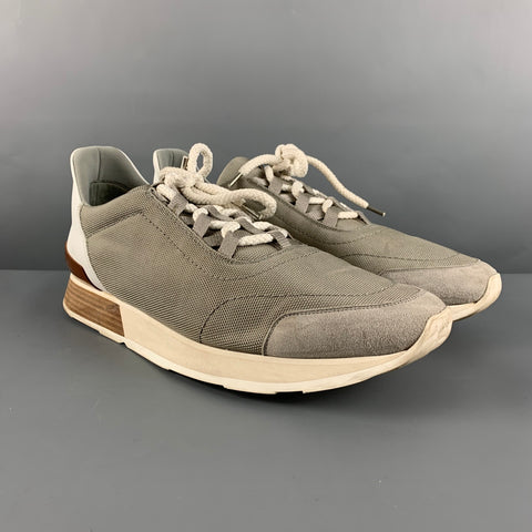 HERMES Size 11 Grey White Textured Nylon/Suede/Leather  Sneakers