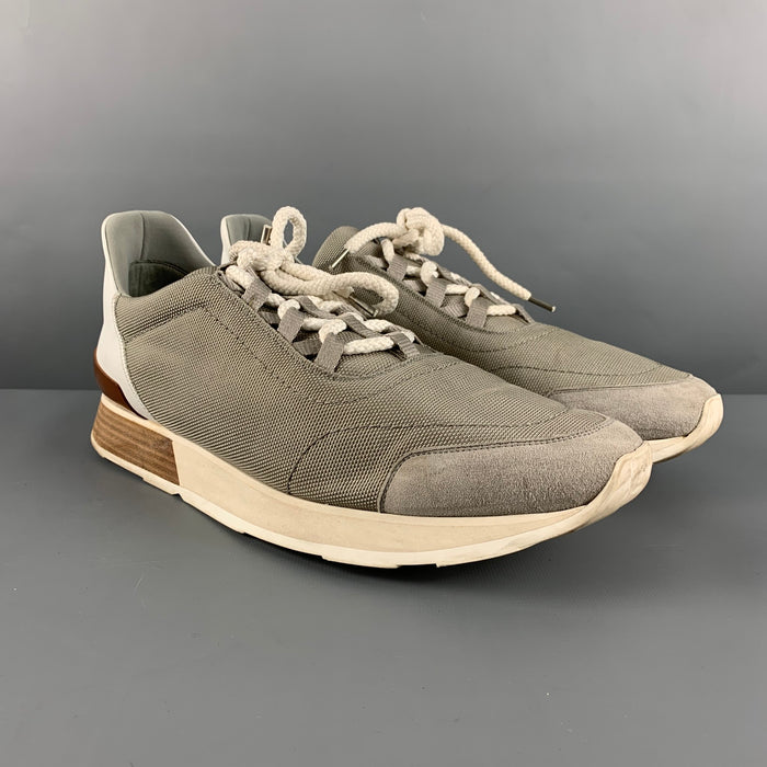HERMES Size 11 Grey White Textured Nylon/Suede/Leather  Sneakers