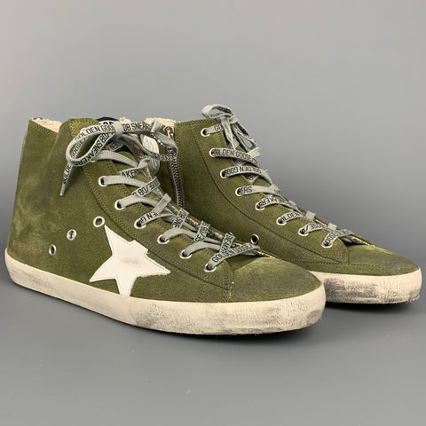 GOLDEN GOOSE Francy Size 10 Olive Distressed Suede High Top Sneakers