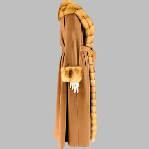 VINTAGE Size M Camel Cashmere Fur Belted Coat