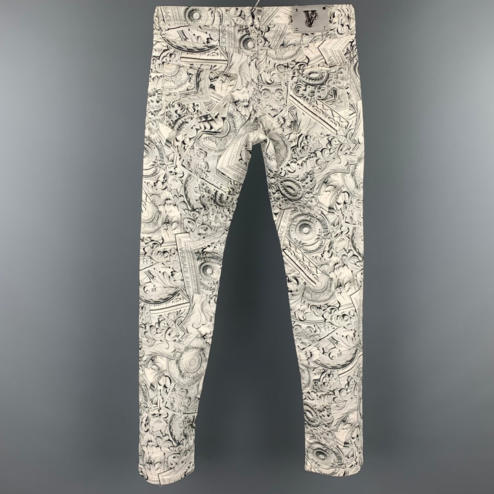 VERSACE JEANS Size 30 Grey & White Print Cotton Jean Cut Slim Fit Casual Pants