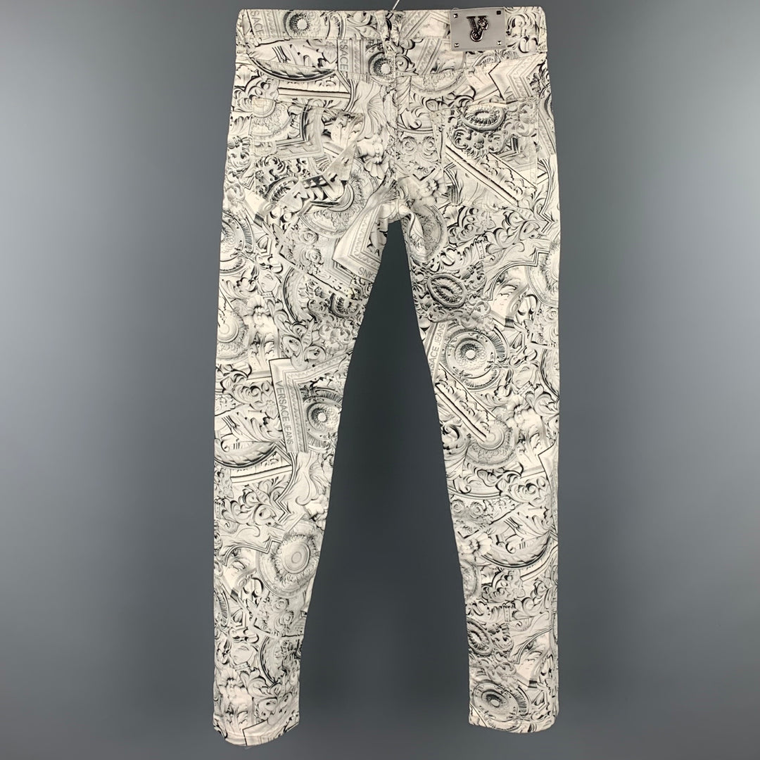 VERSACE JEANS Talla 30 Pantalones casuales de corte slim de algodón con estampado gris y blanco