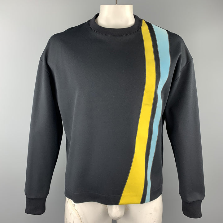 JIL SANDER Talla XL Jersey negro con cuello redondo y rayas amarillas y azules