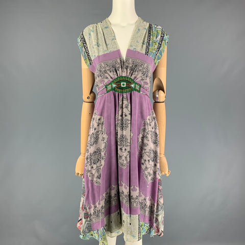 ETRO Size 4 Purple & Green Silk Mixed Patterns Sleeveless Dress