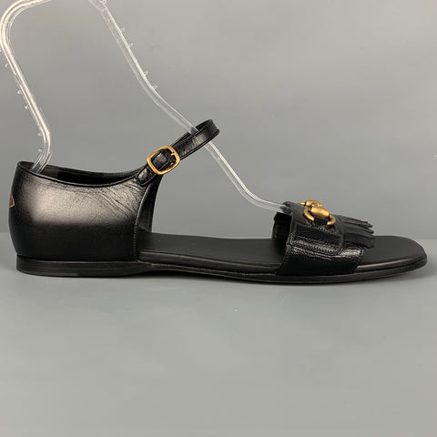 GUCCI Size 13 Black Fringe Leather Horsebit Sandals