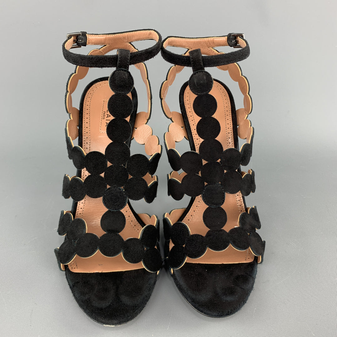 ALAIA Size 8 Black Suede Laser Cut Strappy Sandals