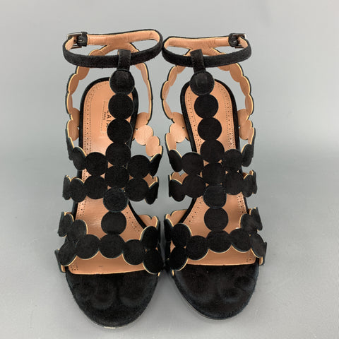 ALAIA Sandalias con tiras cortadas con láser de ante negro talla 8