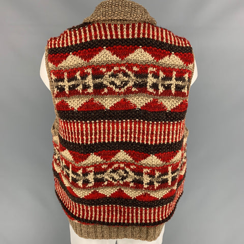 RRL by RALPH LAUREN Size XXL Red & Tan Hand Knit Linen Blend Zip Up Vest