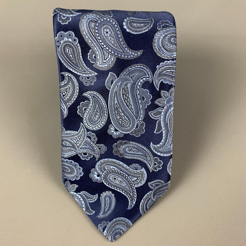 BRIONI Navy Blue Paisley Silk Satin Tie