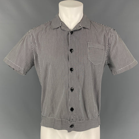 DANIELE ALESSANDRINI Size L White & Charcoal Stripe Cotton Short Sleeve Shirt