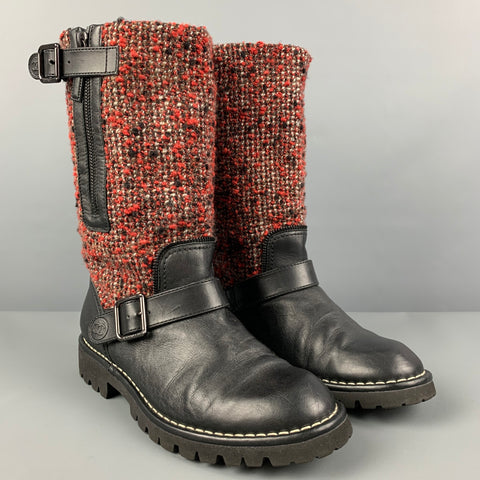 CHANEL Talla 8 Botas sin cordones de materiales mixtos de tweed burdeos negro