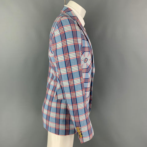 WALTER VAN BEIRENDONCK Spring 2017 Size 38 Blue White & Red Plaid Cotton Sport Coat