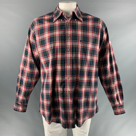 FACONNABLE Size XL Red Green Plaid Cotton One pocket Long Sleeve Shirt