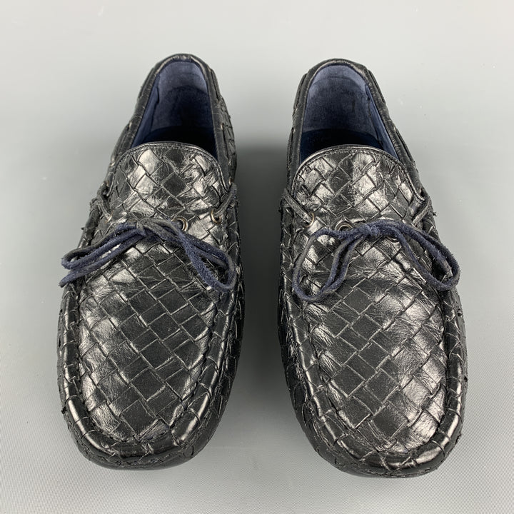 TRASK Size 9 Navy Woven Leather Bow Drivers Loafers