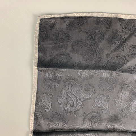 VINTAGE Black Grey Paisley Silk Jacquard Pocket Square