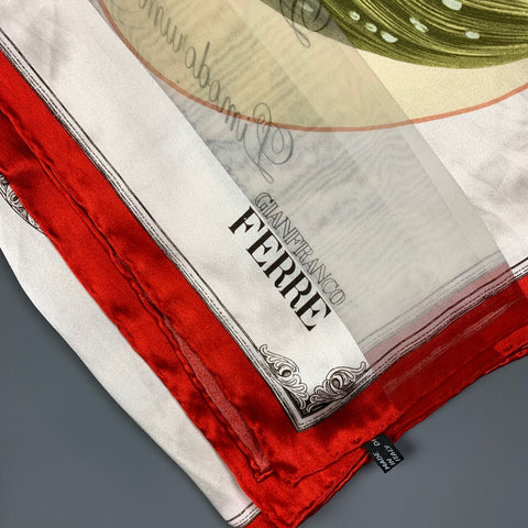 GIANFRANCO FERRE White Red Green Botanical Floral Silk Overszied Scarf