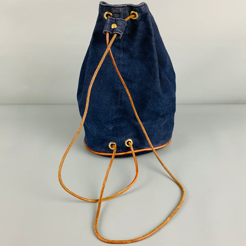 HERMES Navy Tan Cotton Leather Drawstring Bucket Bag