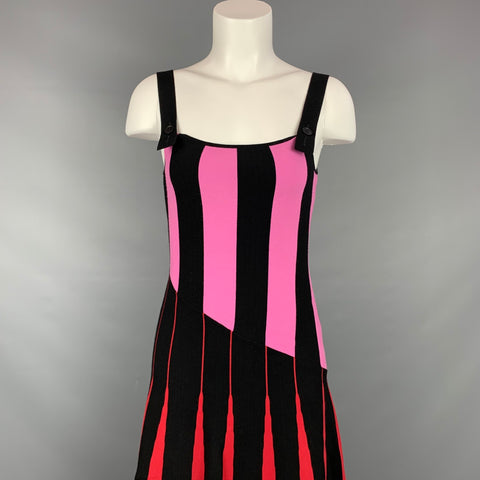 TOMAS MAIER Size 2 Black & Red Viscose / Polyester Stripe Mid-Calf A-line Dress