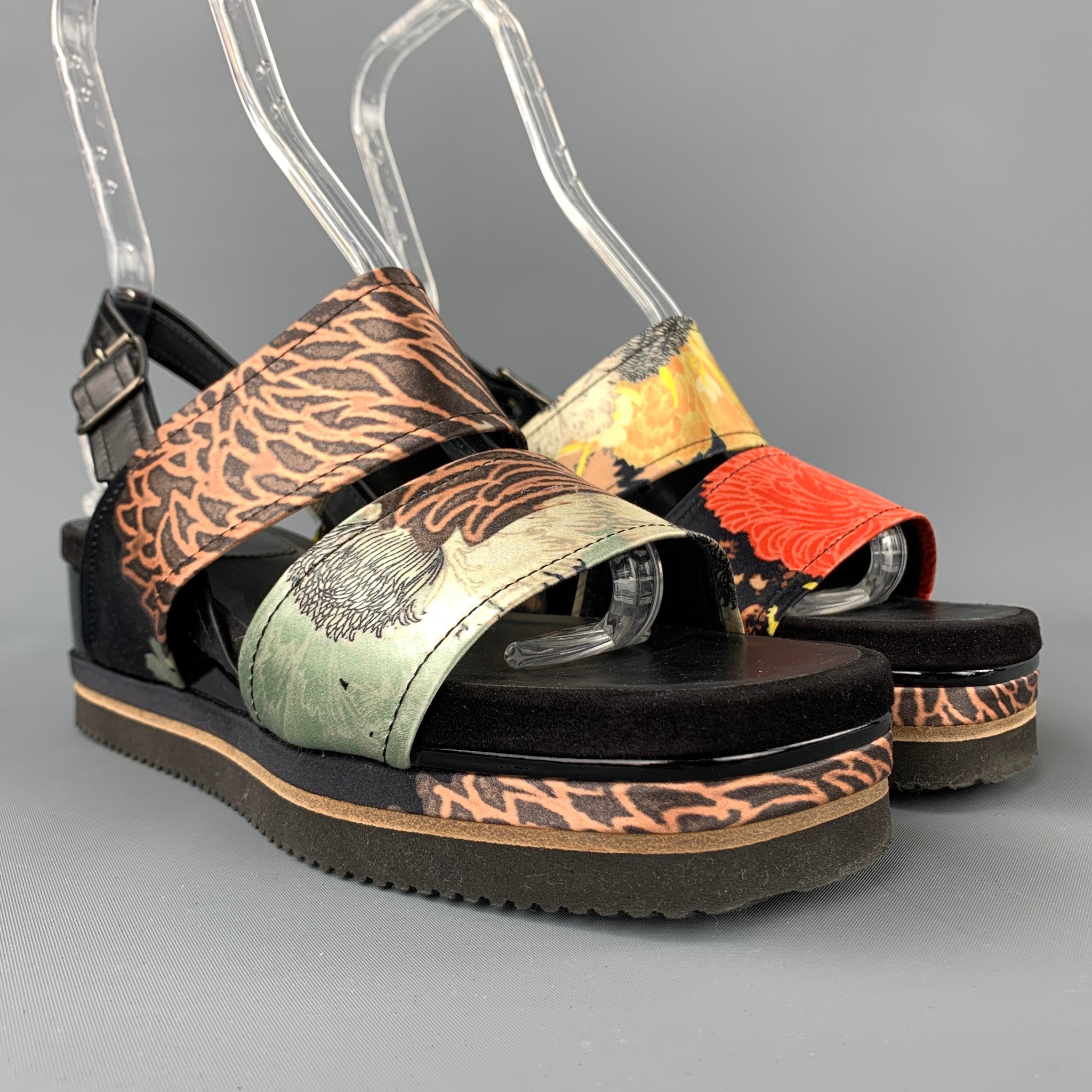 DRIES VAN NOTEN Size 8.5 Multi-Color Silk Platform Sandals
