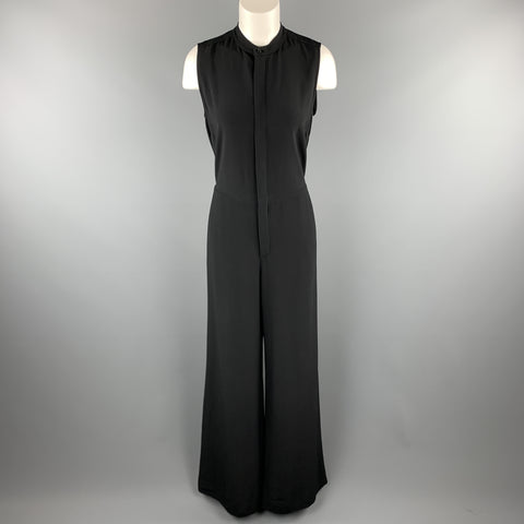 RALPH LAUREN Size 6 Black Crepe Sleeveless Band Collar Wide Leg Jumpsuit