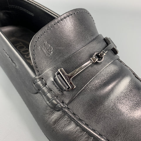 TOD'S Size 10 Black Leather Metal Horsebit  Driver Sole Loafers
