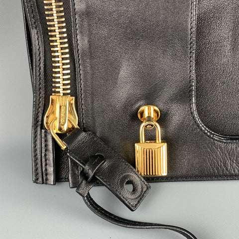 TOM FORD Black Leather AXIS Gold Padlock Fold Over Clutch Shoulder Bag