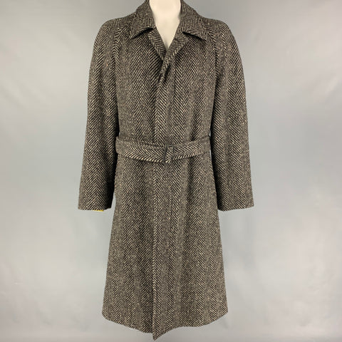 Vintage BURBERRYS for BARNEY'S NEW YORK Size XL Grey Black Herringbone Wool Belted Coat