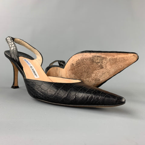 MANOLO BLAHNIK Carolyne Talla 10 Zapatos de tacón con tira trasera en piel de cocodrilo negra