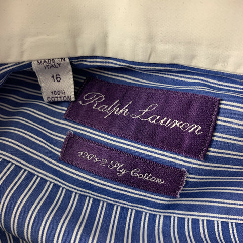 RALPH LAUREN Talla L Camisa de manga larga con puño francés de algodón a rayas blancas y azules