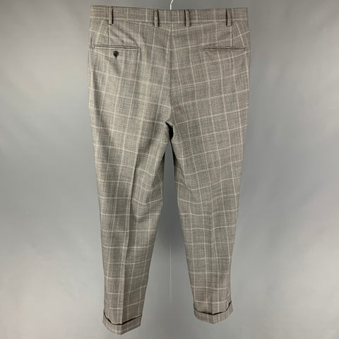 HOLLAND & SHERRY Size 36 Grey White Window Pane Pleated Dress Pants