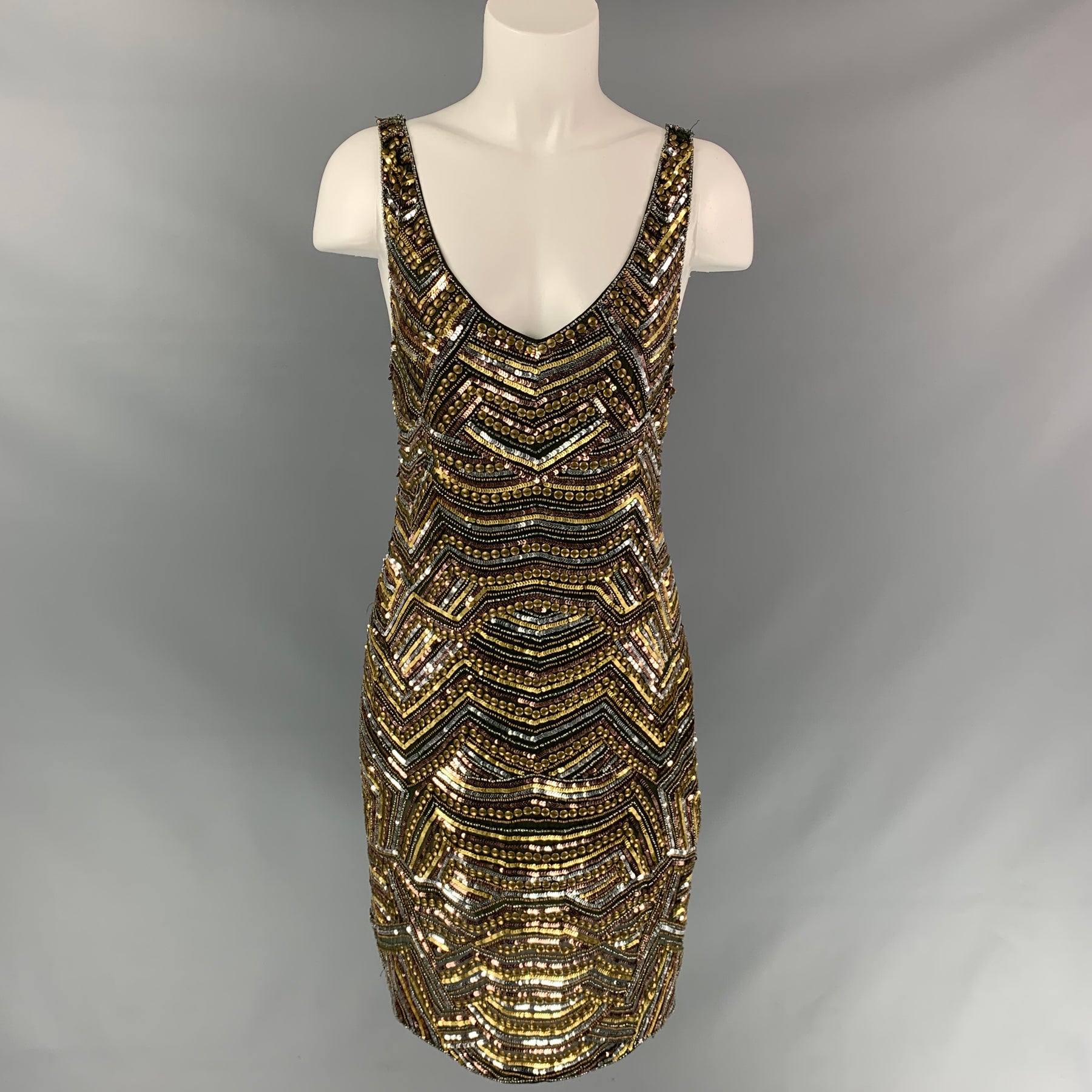 HAUTE HIPPIE Size L Forest Green & Gold Silk Beaded Sleeveless Dress Sui Generis Designer Consignment HAUTE HIPPIE Size L Forest Green & Gold Silk Beaded Sleeveless Dress Sui Generis Designer Consignment