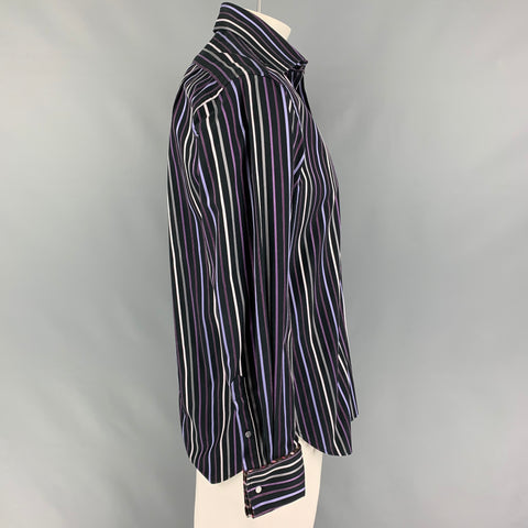 TED BAKER Size L Black Purple Stripe Cotton French Cuff Long Sleeve Shirt