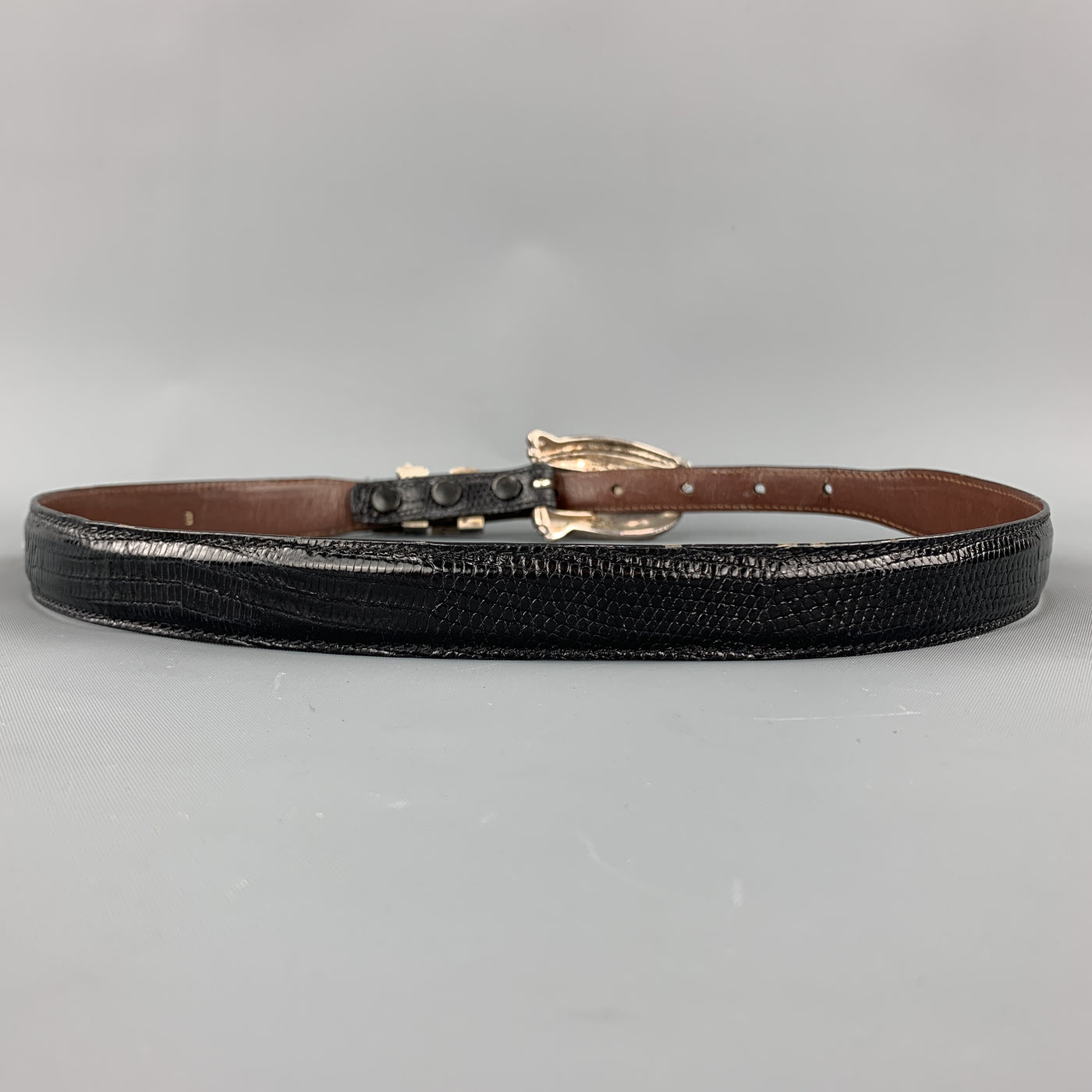 KIESELSTEIN-CORD Black S Lizard Leather Sterling Silver Buckle Western Belt