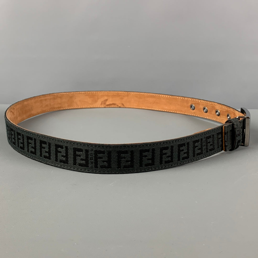 FENDI Waist Size M Black Monogram Canvas Leather Belt