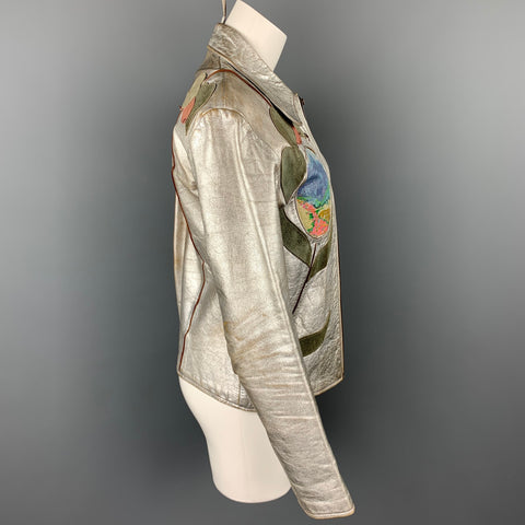 Vintage EAST WEST MUSICAL INSTRUMENTS Janti Size XL Silver Hand Painted Applique Zip Up Jacket