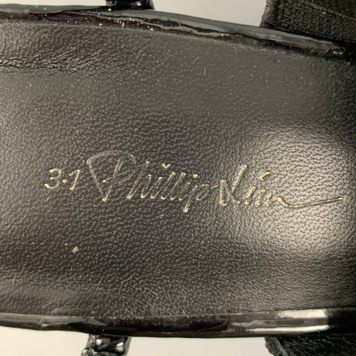 3.1 PHILLIP LIM Size 10 Black Patent Leather Aplique Ankle Strap Sandals